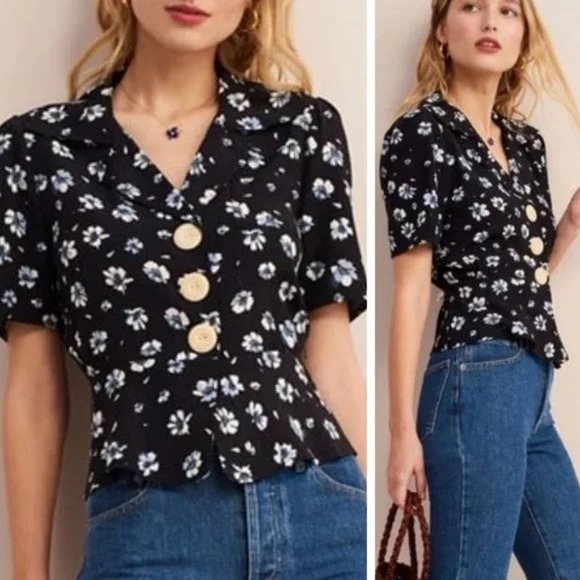 Rouje Paris Jose Floral Blouse Tops Navy Blue White Size 38 US 6 - Picture 2 of 7